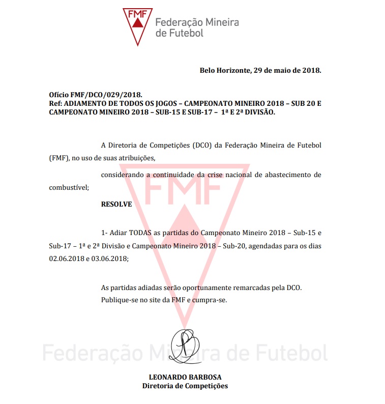 Leia mais sobre o artigo Sem jogo! FMF adia novamente rodada do Mineiro de base